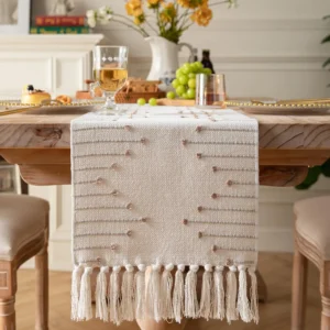 Boho Table Runner Natural Cotton Woven Runner with Tassels for Home Dining Table décor, for Modern Farmhouse Decor
